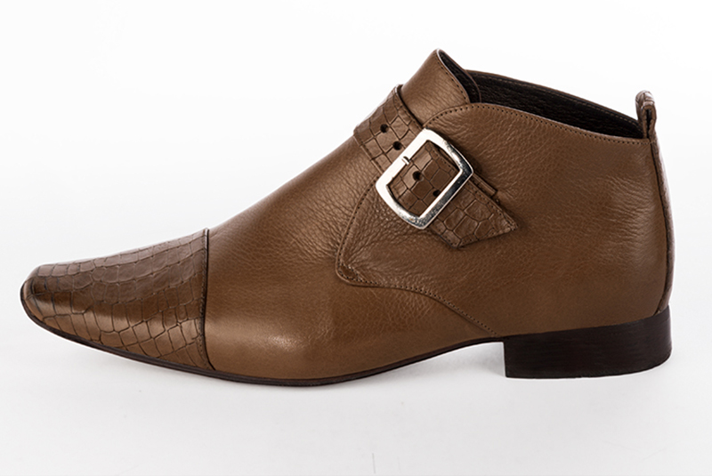 Caramel brown dress ankle boots for men. Square toe. Flat leather soles. Profile view - Florence KOOIJMAN